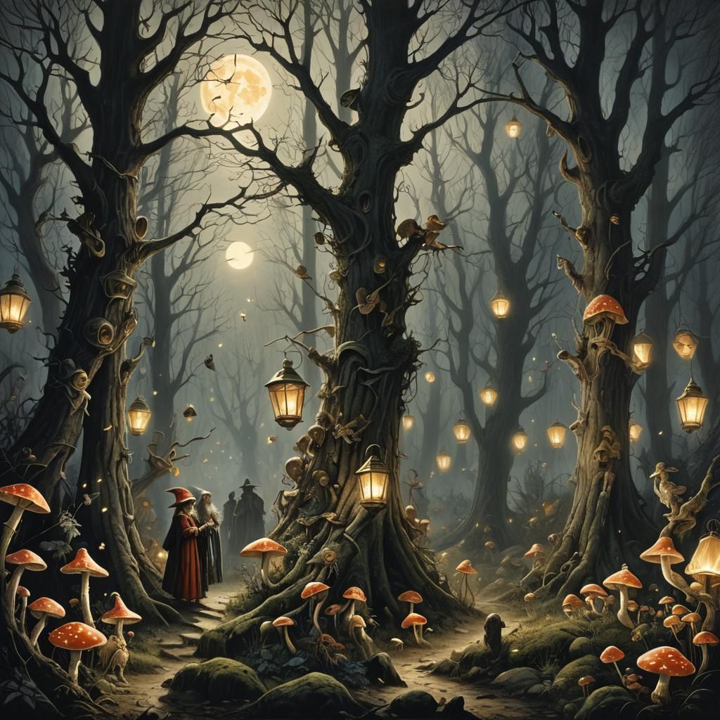 Enchanted Forest with Elves and Lanterns