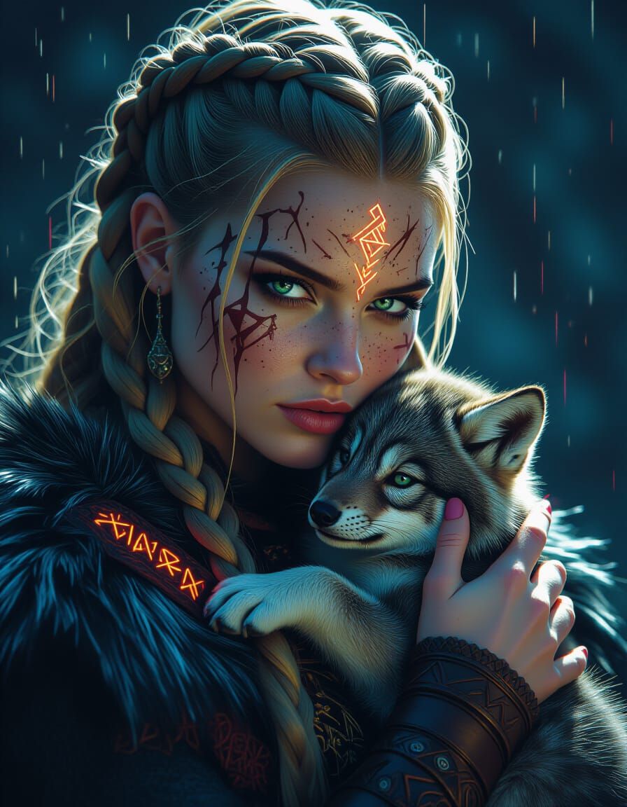 Glitch Art: Viking Shieldmaiden with Wolf Pup