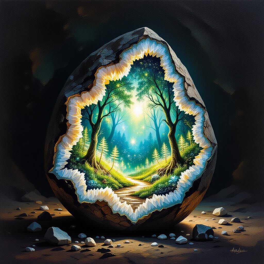 Enchanting Geode Reveals Bioluminescent Forest Within