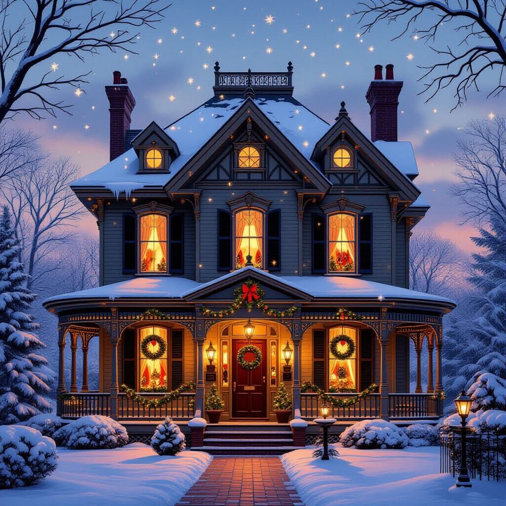 Christmas Victorian House in Thomas Kinkade Style