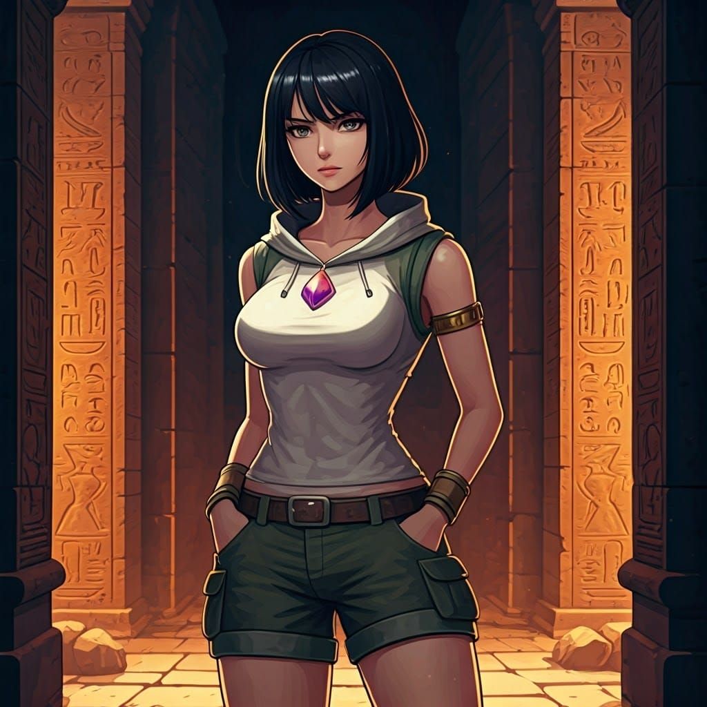 Anime Woman Exploring Ancient Temple in Studio Trigger Style