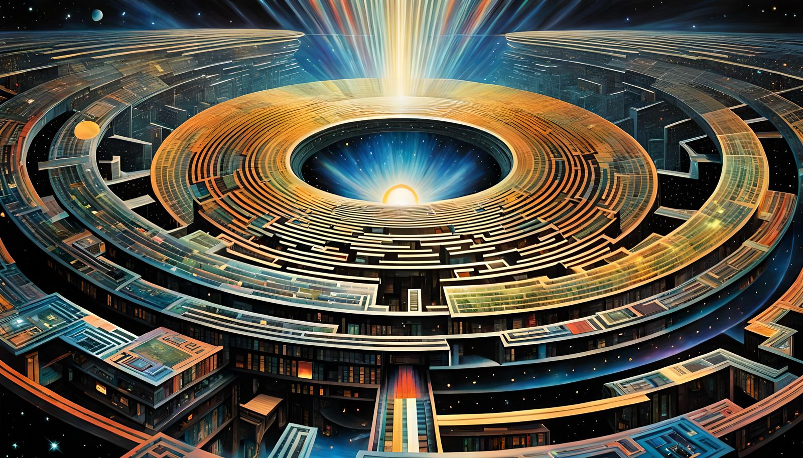 Art Deco Spaceship Navigates Iridescent Nebula