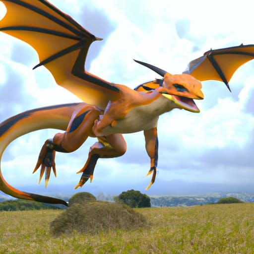 Hyper Realistic Charizard Landing on Grassy Plain