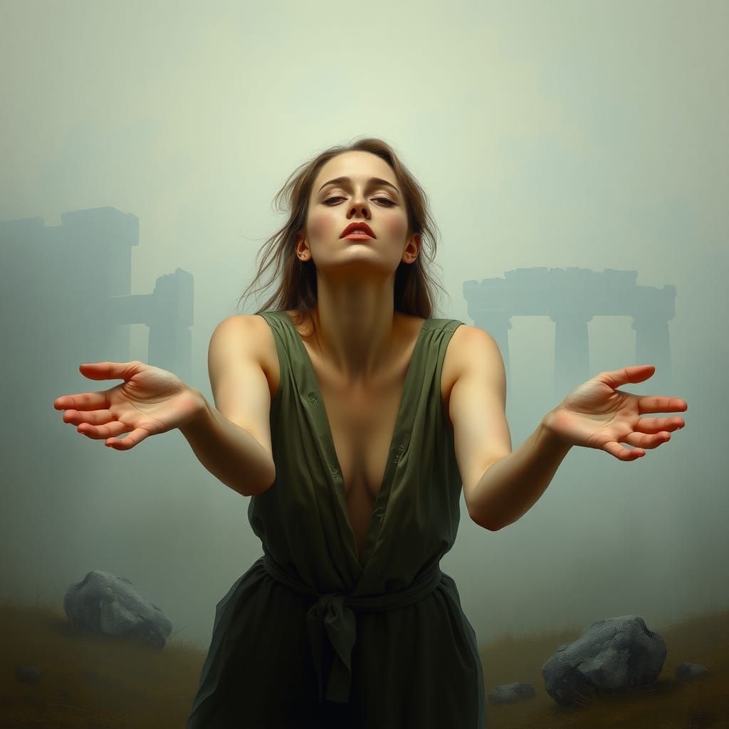 A Woman's Turbulent Emotions in Ethereal Ruins