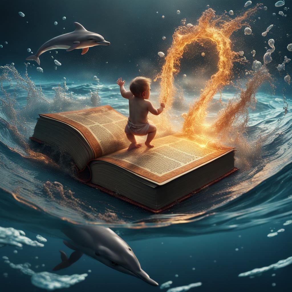 Surreal Explosion: Book, Baby, and Dolphin Fusion