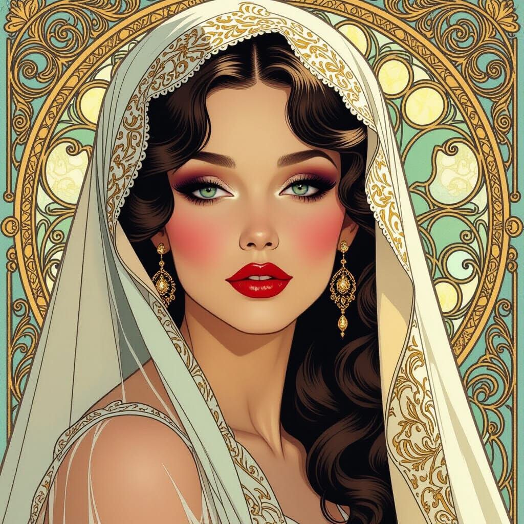 Ethereal Woman with Veil in Art Nouveau Style