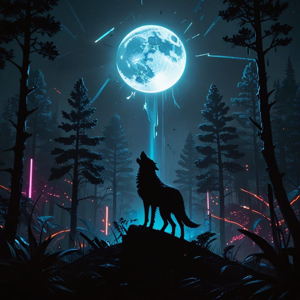 Cyberpunk Lone Wolf Howls at Neon Moon Under Shooting Stars