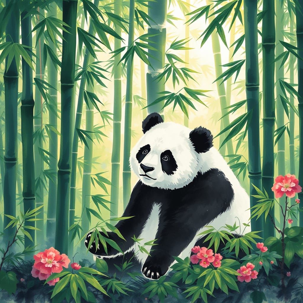 Majestic Panda in Traditional Chinese Watercolor Style