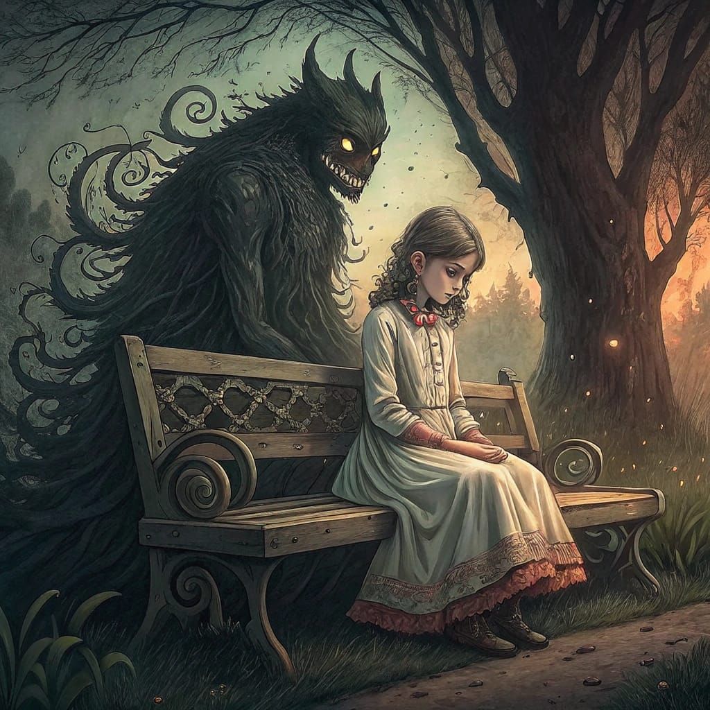 Eerie Girl and Shadow Creature in Biomorphic Style