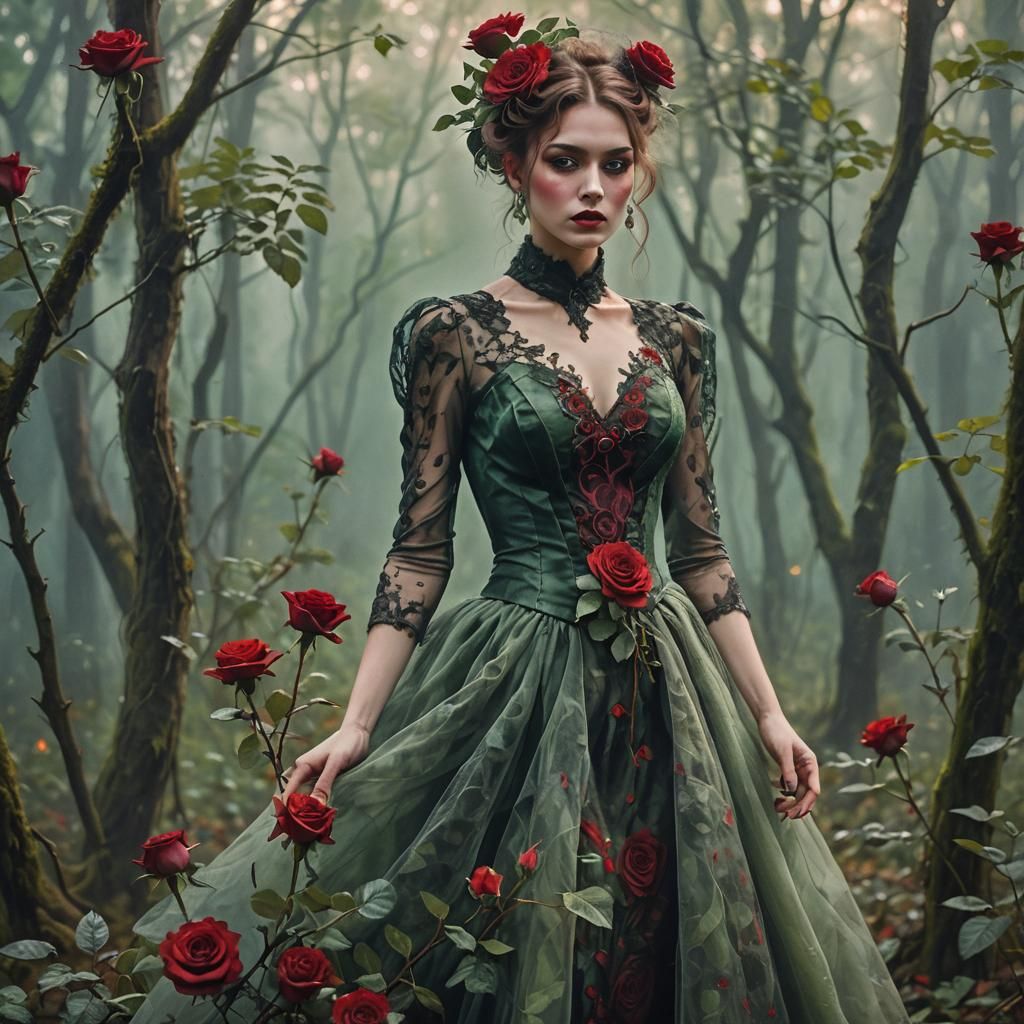 Woman with Rose in Misty Forest: Oil Painting