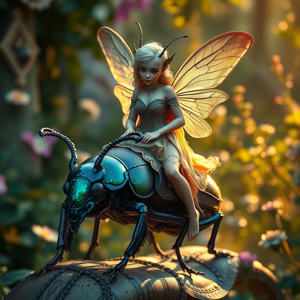 Fairy Riding a Beetle in Mystical Garden