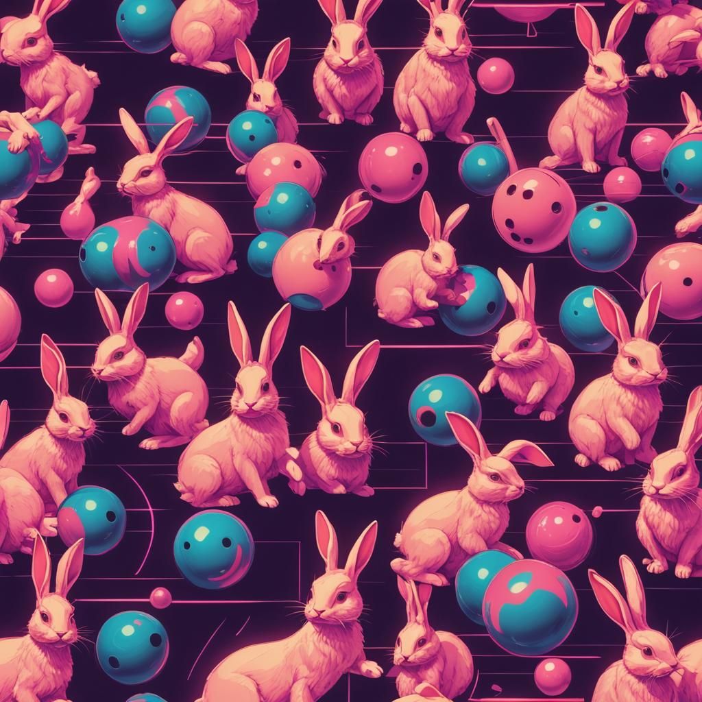 Synthwave Bunnies Bowling in Retro Neon Style