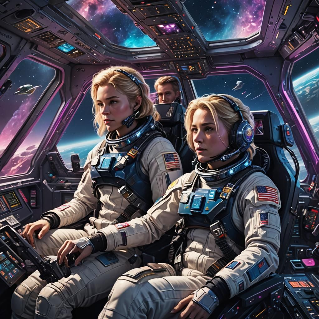 Astronauts in Spacecraft Cockpit in Sci-Fi Style