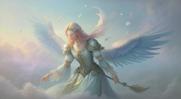 Ethereal Feathered Figure Emerging from Misty Clouds