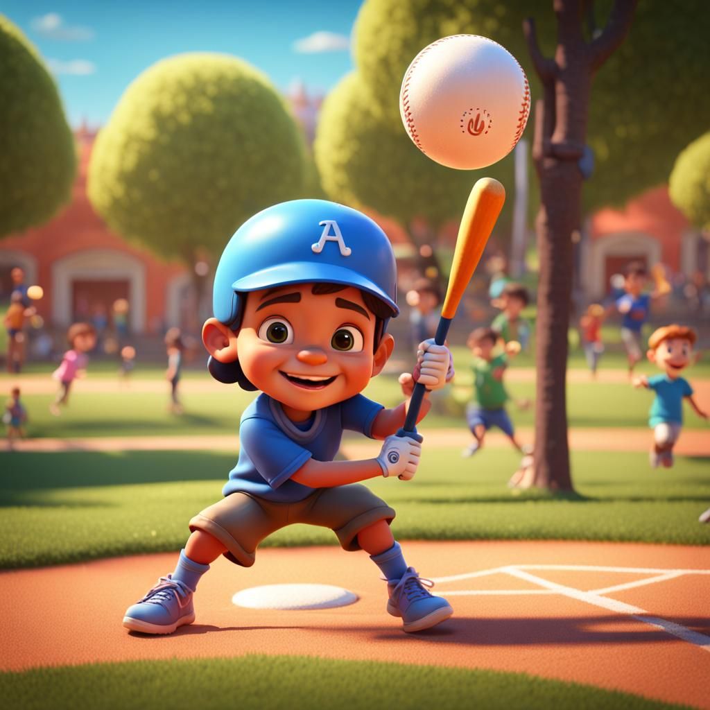 Happy Child Playing Tee-Ball in Park as 3D Art