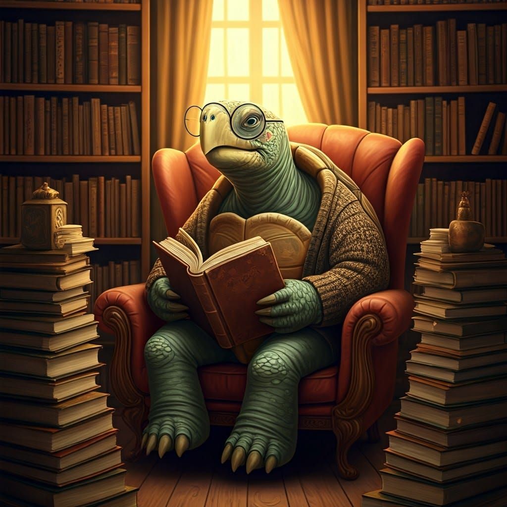 Turtle Reading Book in Old Masters Style
