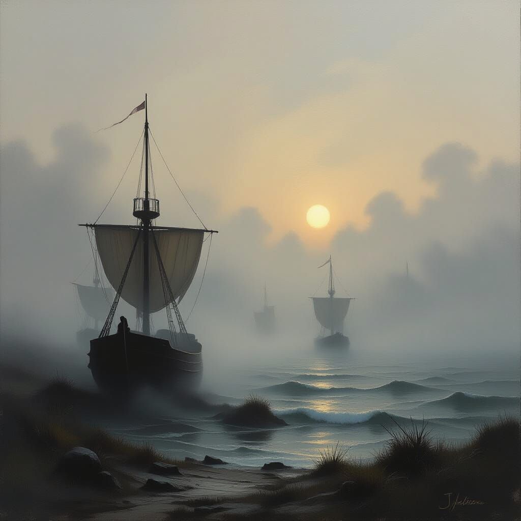 Eerie Mist Landscape in Nordic Oil Painting Style