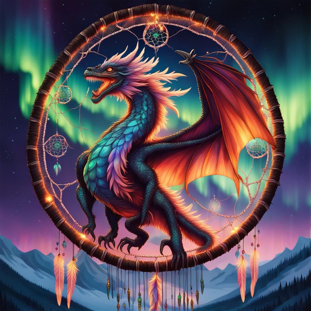 Dream Catcher with Dragon Under Northern Lights