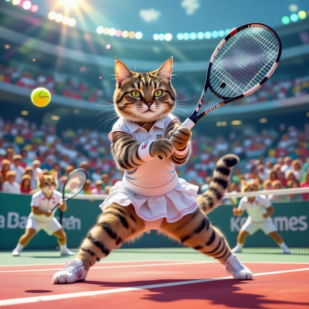 Hyperrealistic Cat Tennis Player in Stadium