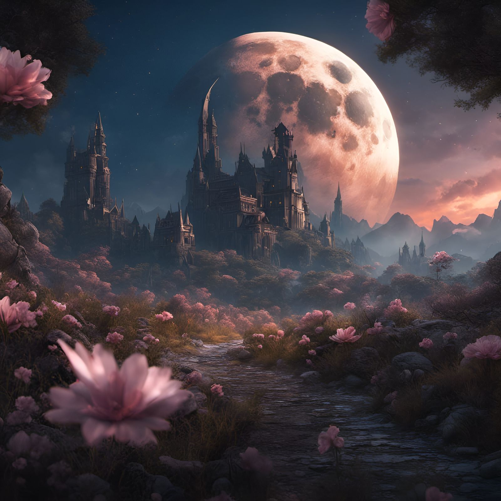 Epic Flower Moon in Detailed Matte Painting