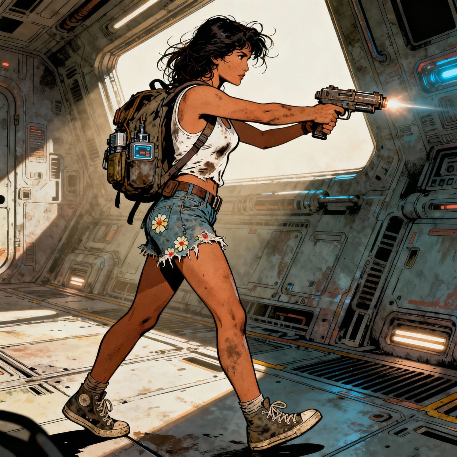 Hispanic Woman Aims Plasma Pistol on Spaceship Deck