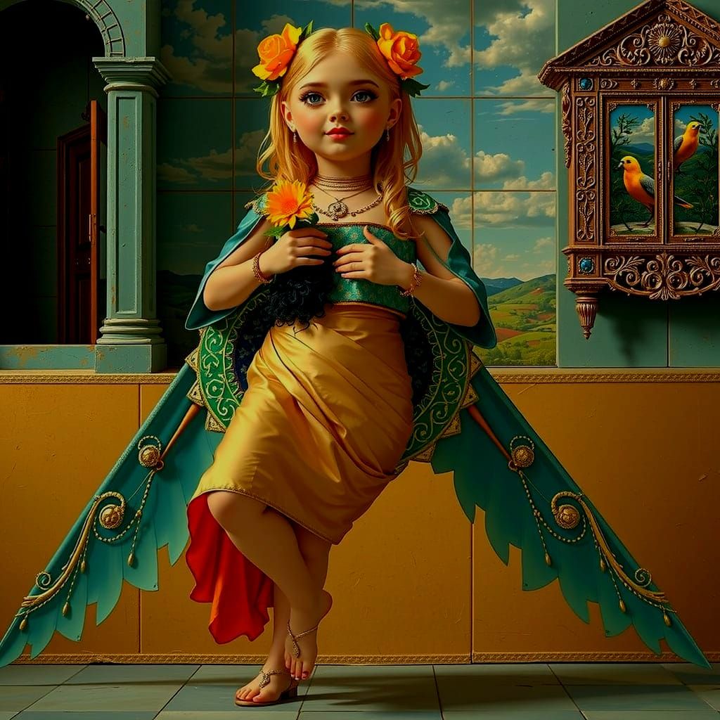 Mosaic of Seraphinianus Inspired Woman with Teal Hair and Ye...