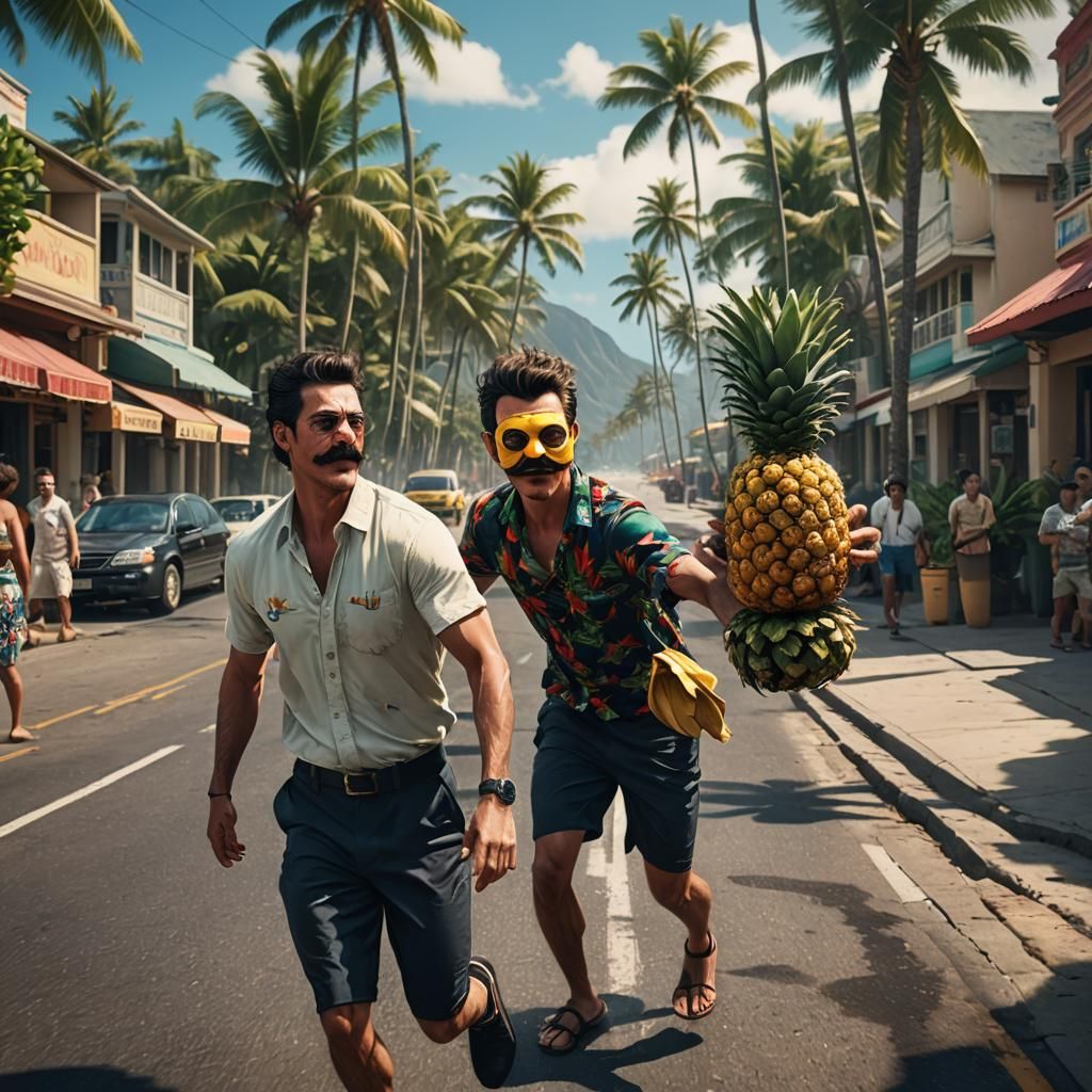 Man with Pineapple Mask Chased on Hawaiian Street