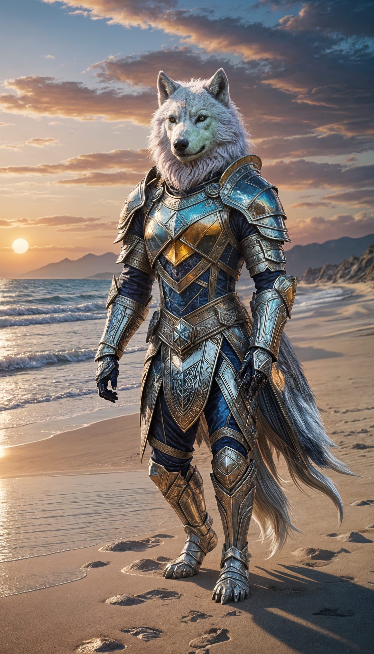 Armored White Wolf on Sunset Beach