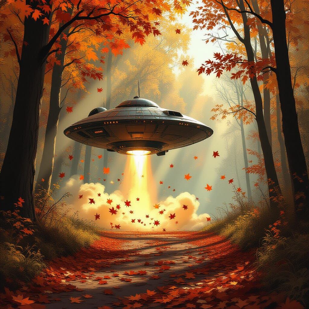 Retro Alien Spaceship Lands on Autumn Forest Path