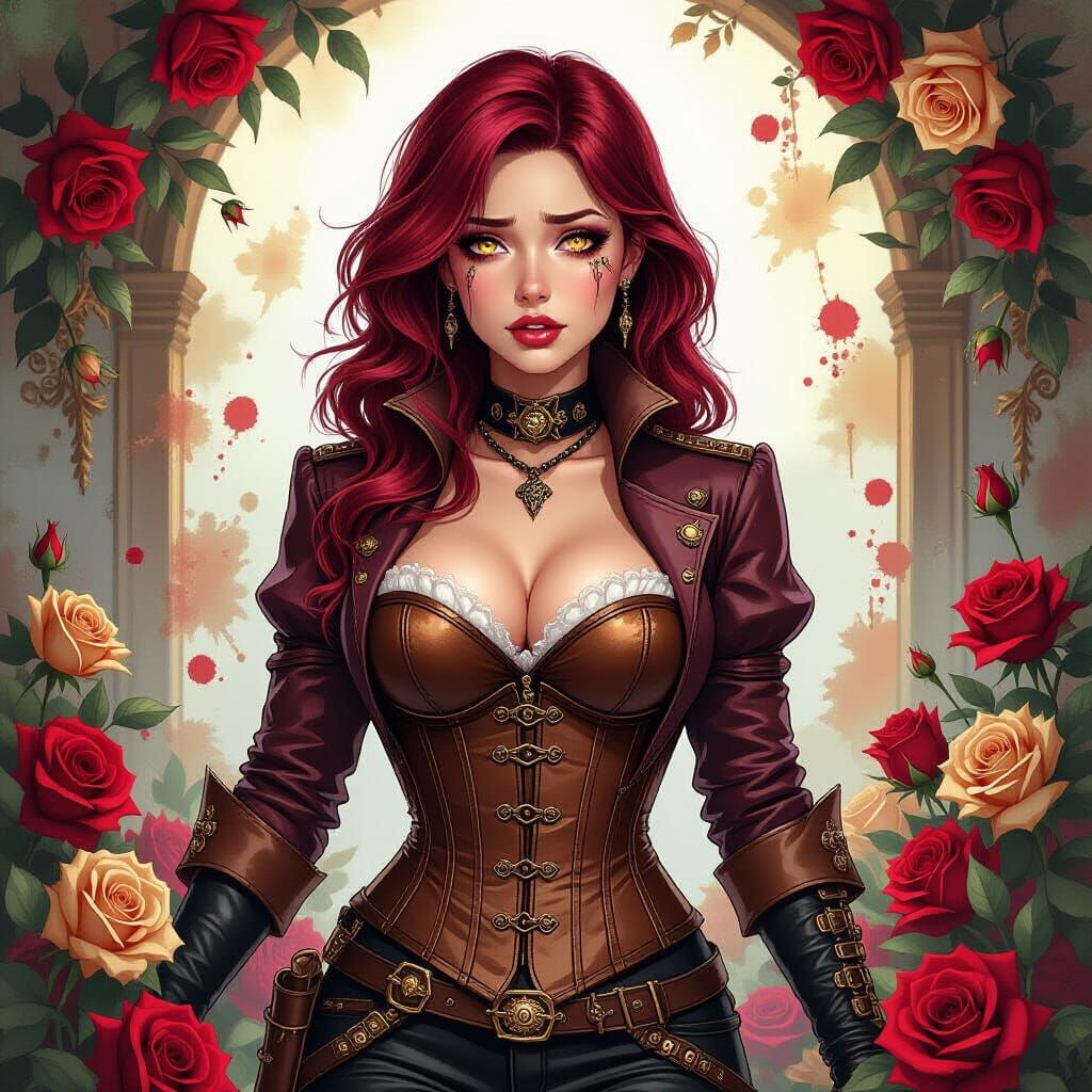 Steampunk Woman Crying Amongst Burgundy and Gold Roses