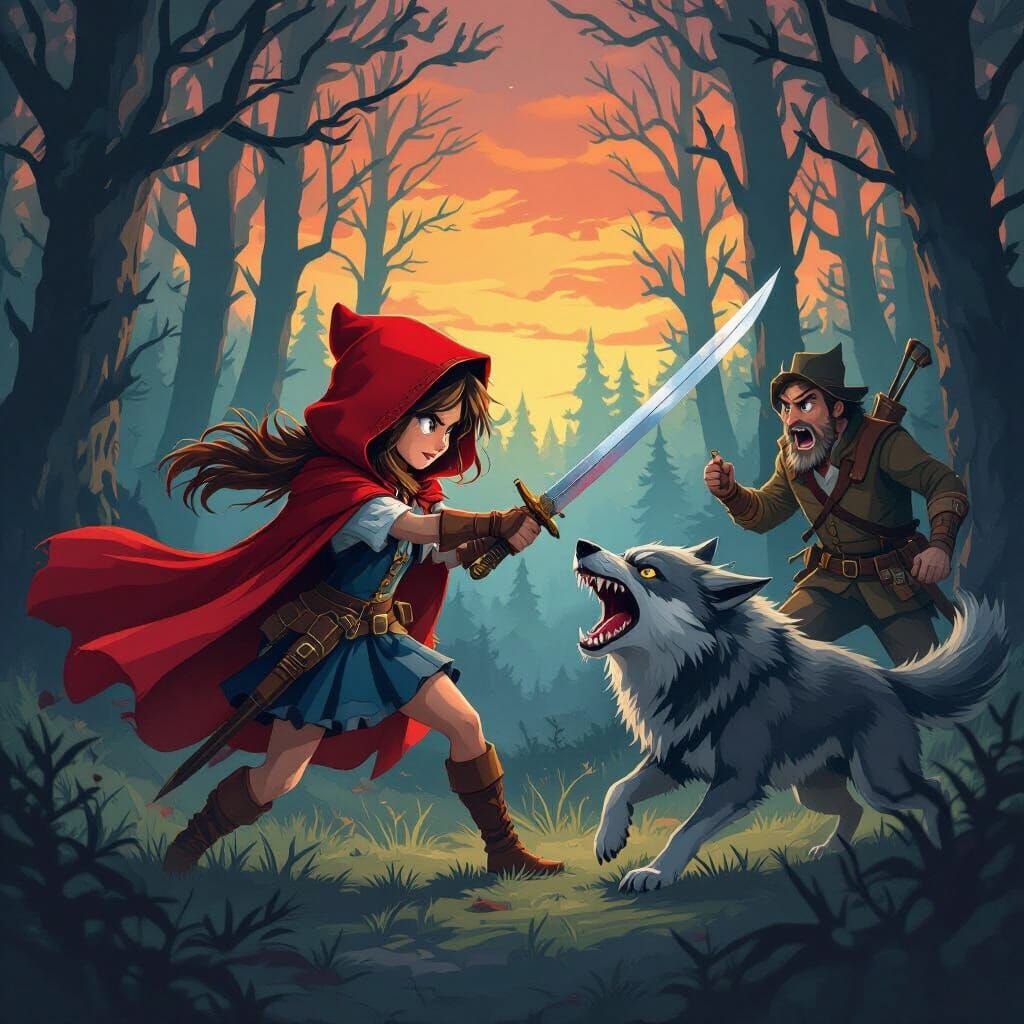 Fierce Little Red Riding Hood Attacks Wolf in Dark Forest