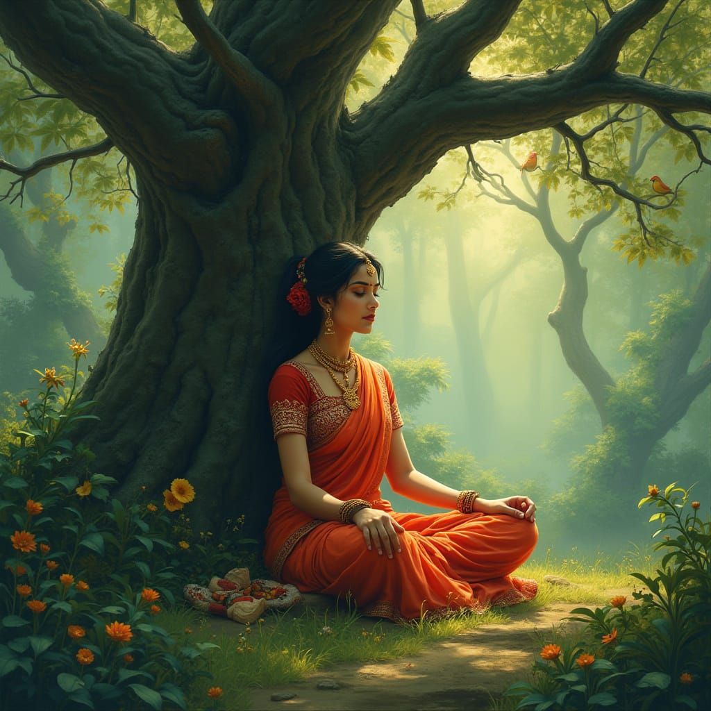 Indian Woman Meditating in Forest, Raja Ravi Varma Style