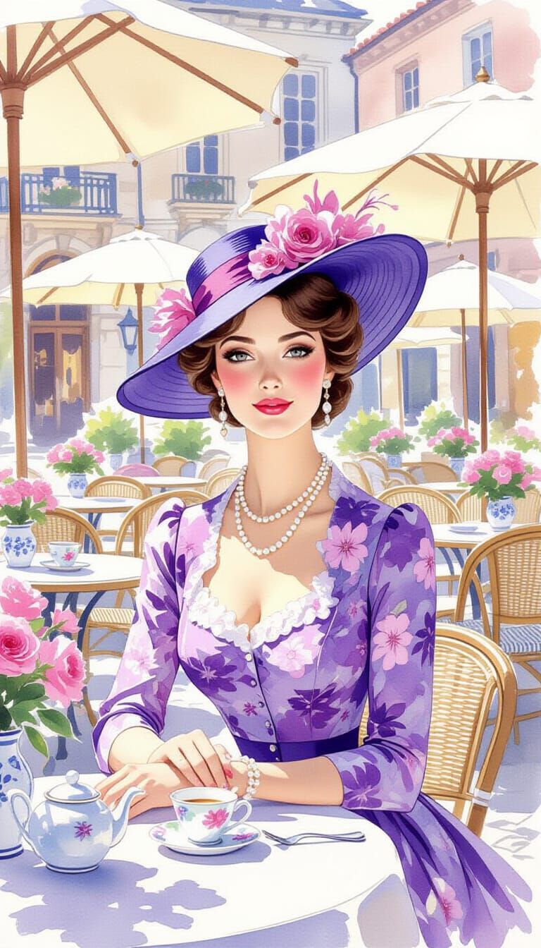 Elegant Woman at Cafe: Watercolor Impressionism