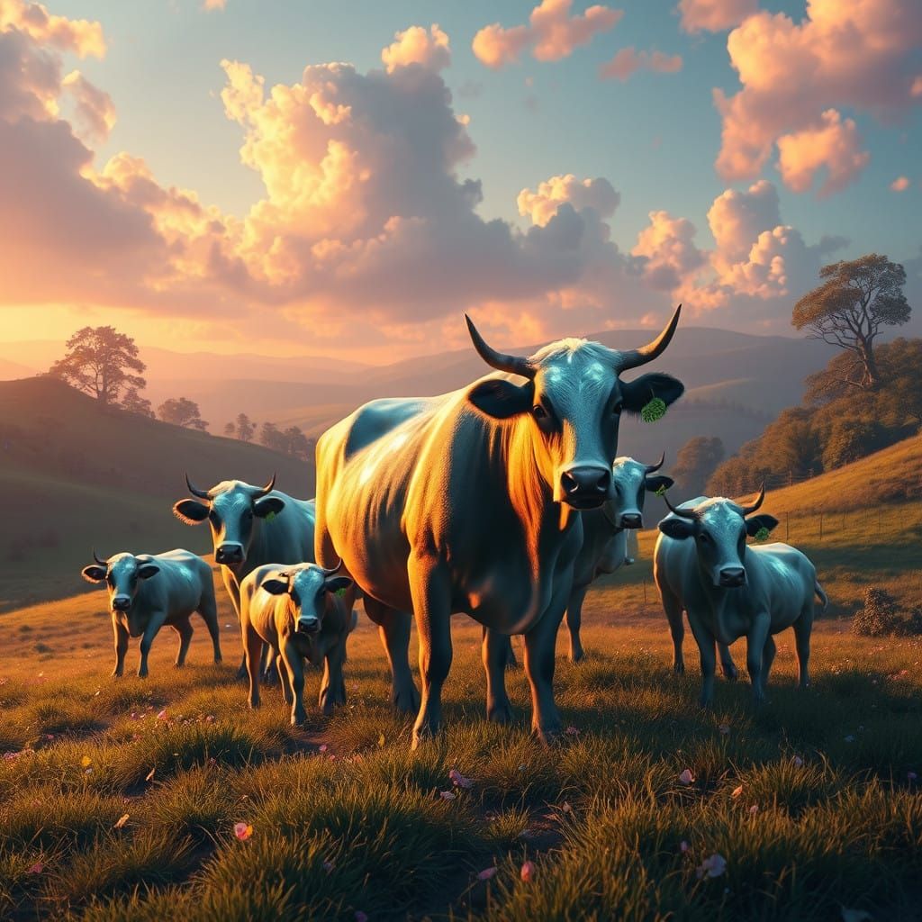 Majestic Cow Family in Enchanted Farm Landscape