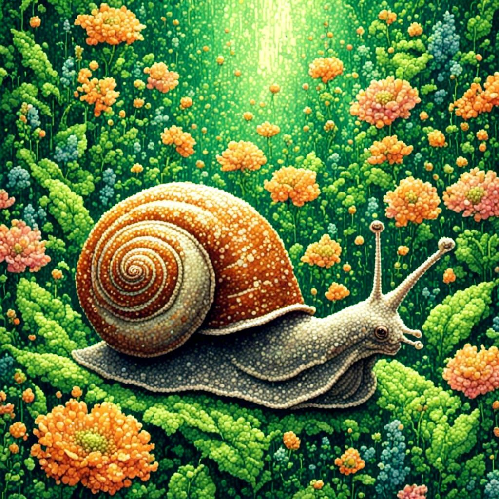 Watercolor Snail on Leaf in Flower Garden