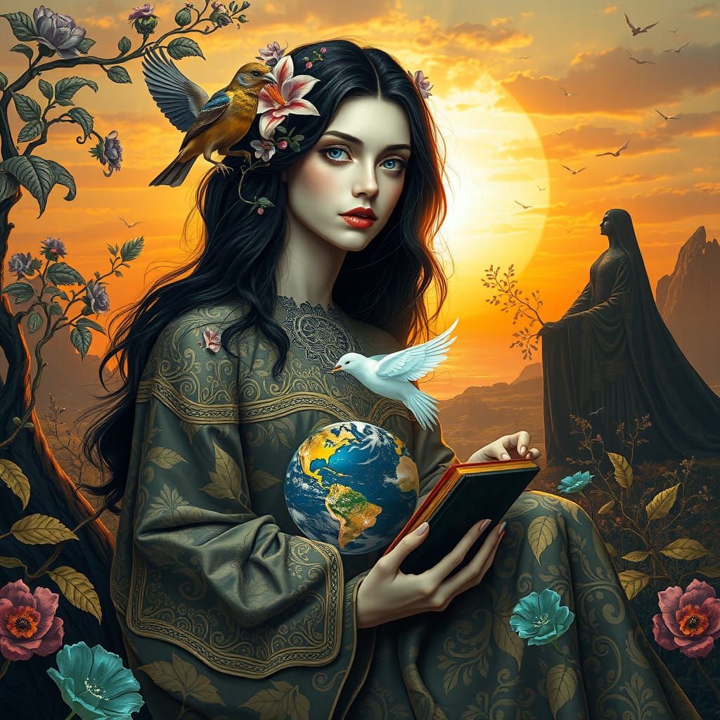 Surrealist Sorceress in a Dreamlike Realm with Iridescent Pa...