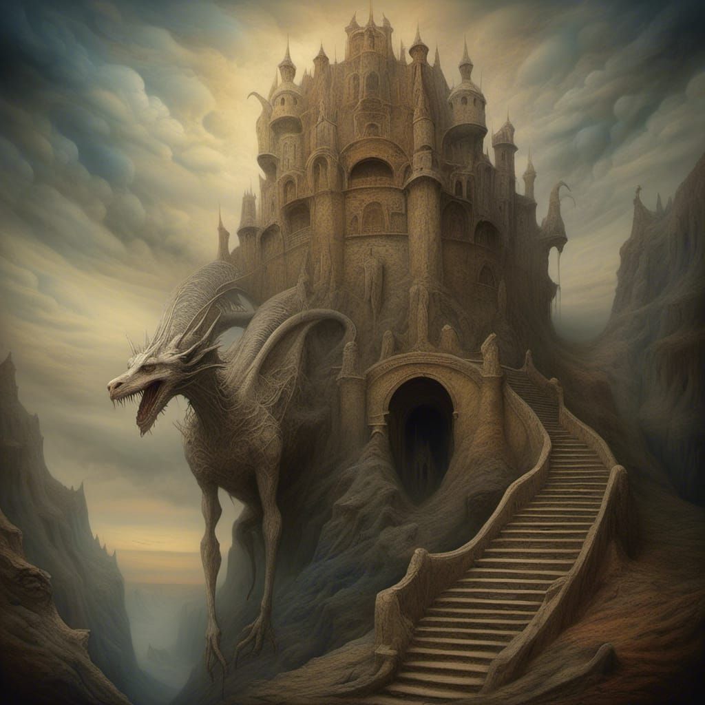 Wyvern Ascends Castle Wall in Fantasy Art Style