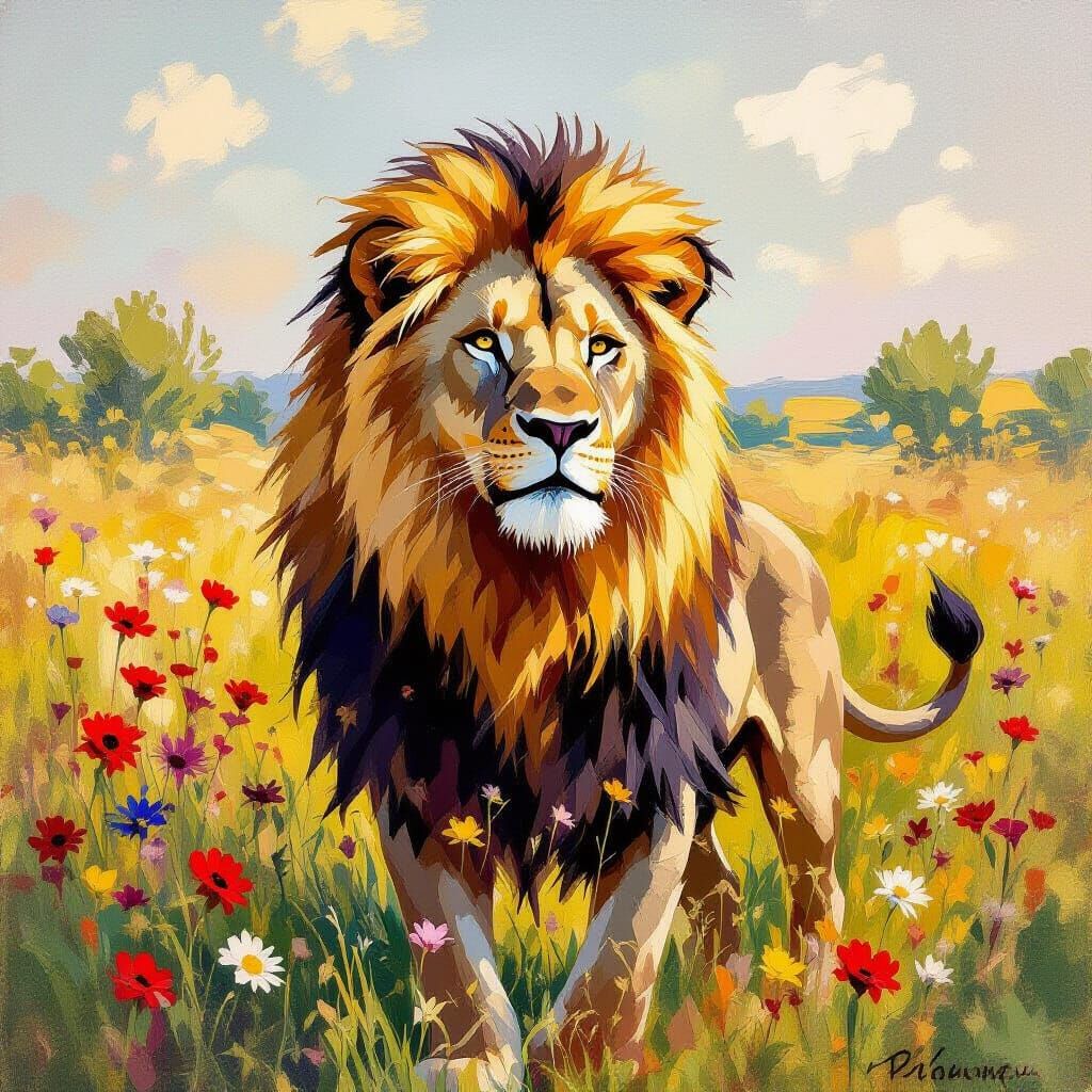 Majestic Lion in Impressionist Wildflower Field