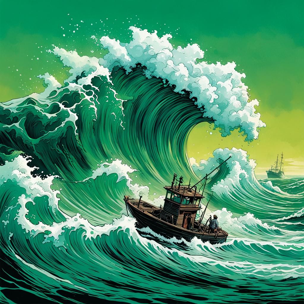 Green Fishing Boat in Comic Book Art Style