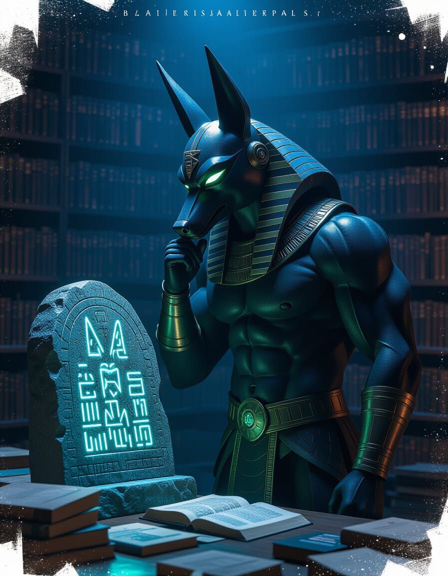 Anubis in Futuristic Library, Graphic Novel Style