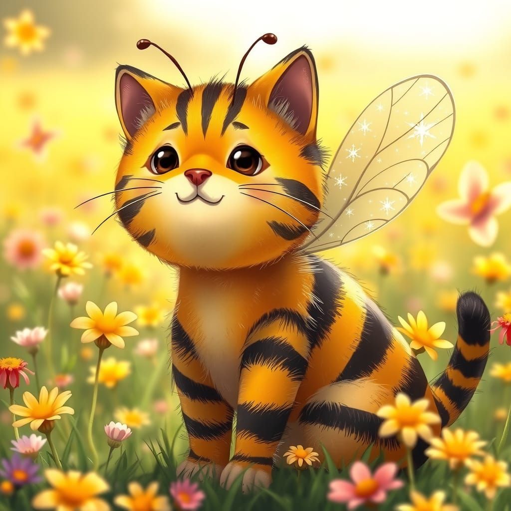Whimsical Honeybee Cat in Sunlit Meadow