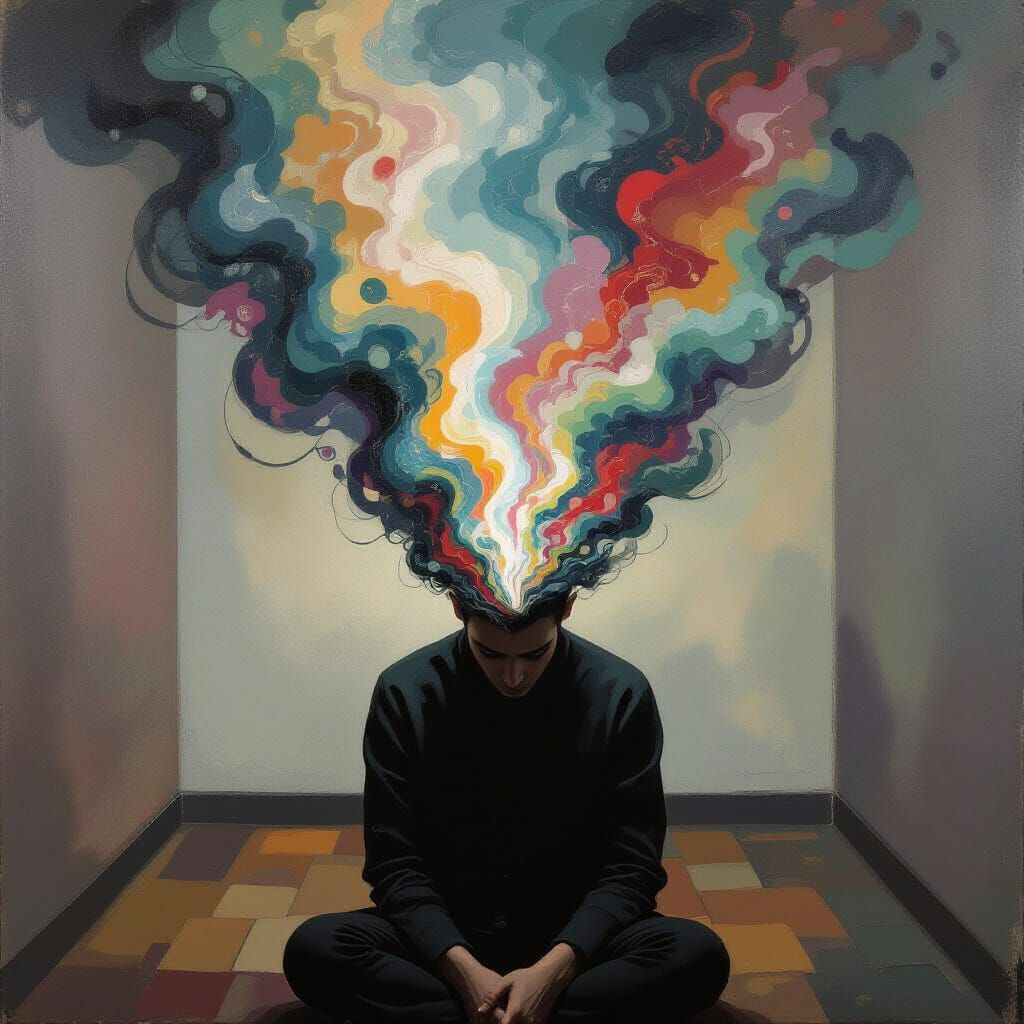Overwhelmed Person Surrounded by Abstract Thoughts, Surreal ...