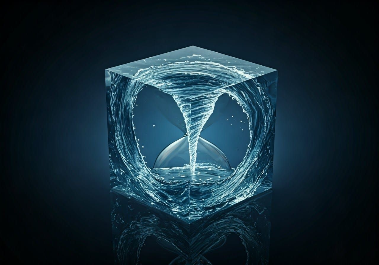 A water tornado spinning in a cube.