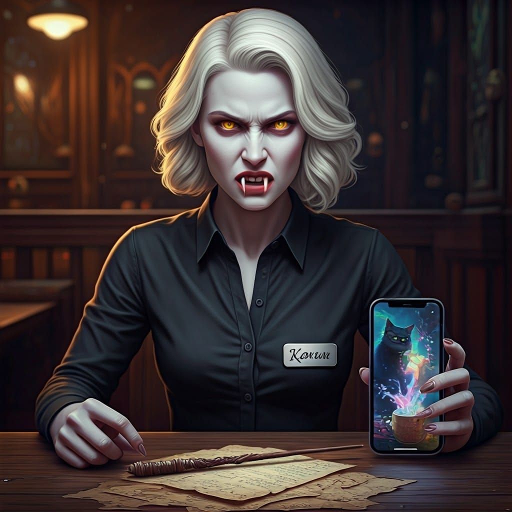 Fierce Vampire Karen Sits in a Dimly Lit Coffee Shop