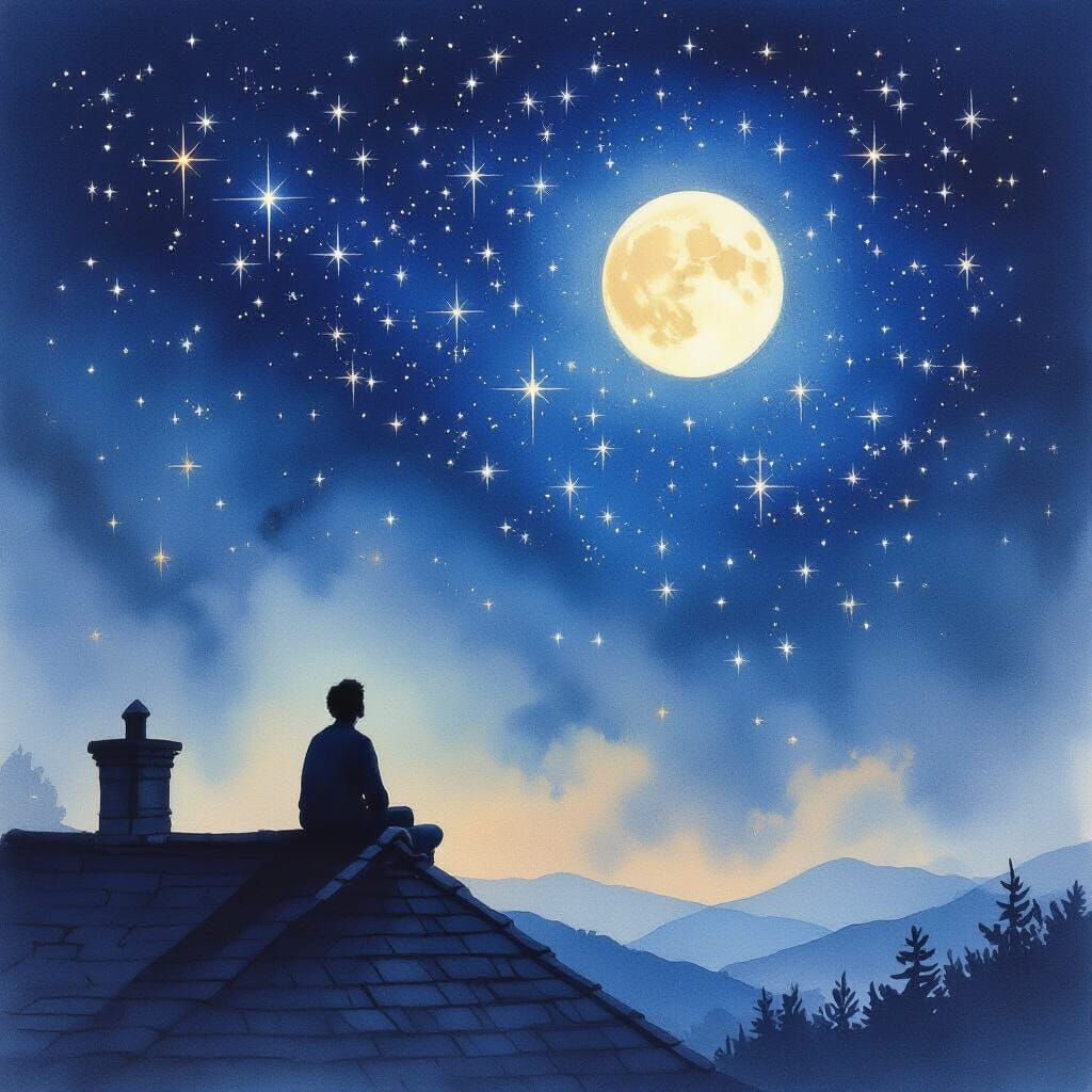 Figure Gazing at Luminous Moonlit Celestial Spectacle