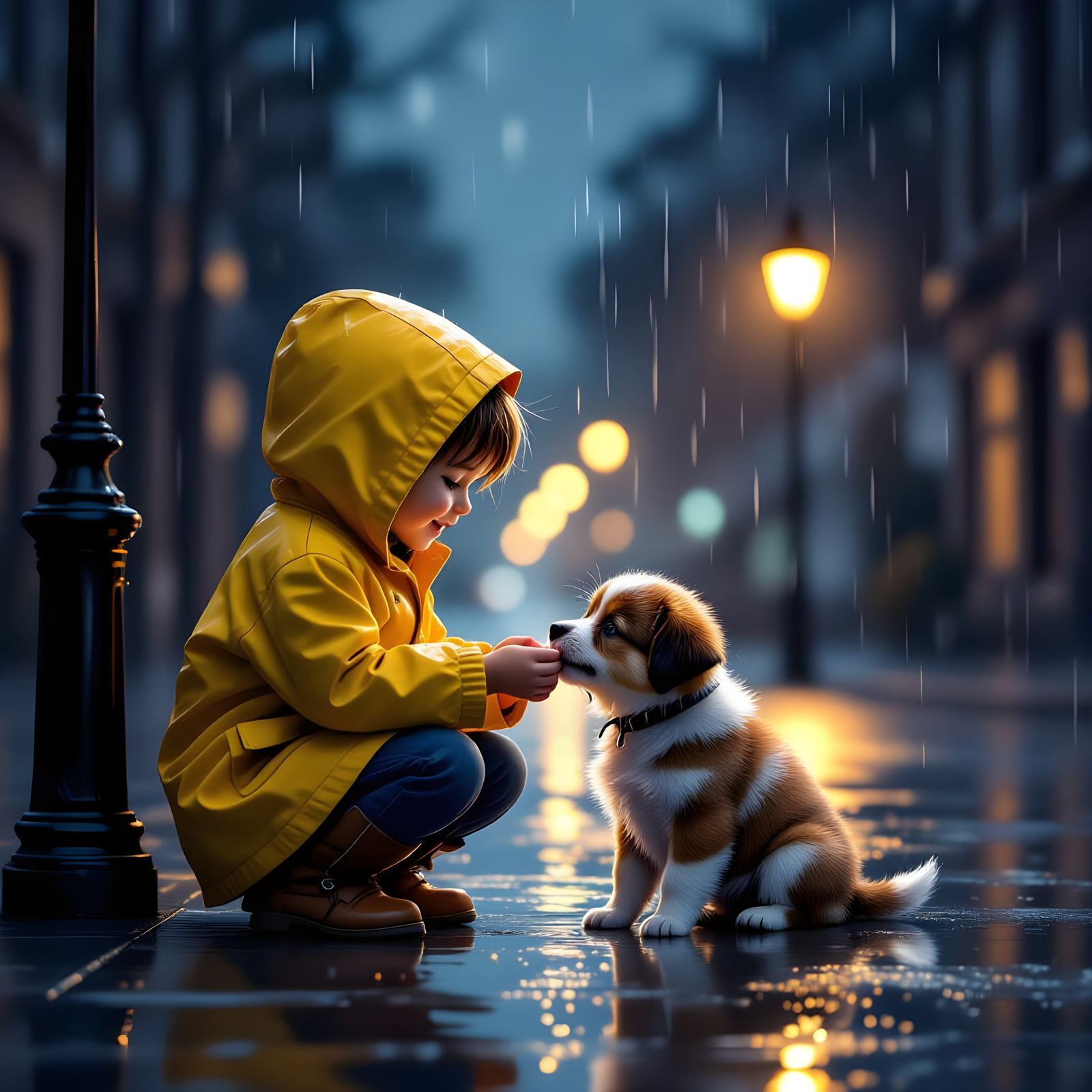 Child in Yellow Raincoat Feeds Stray Puppy
