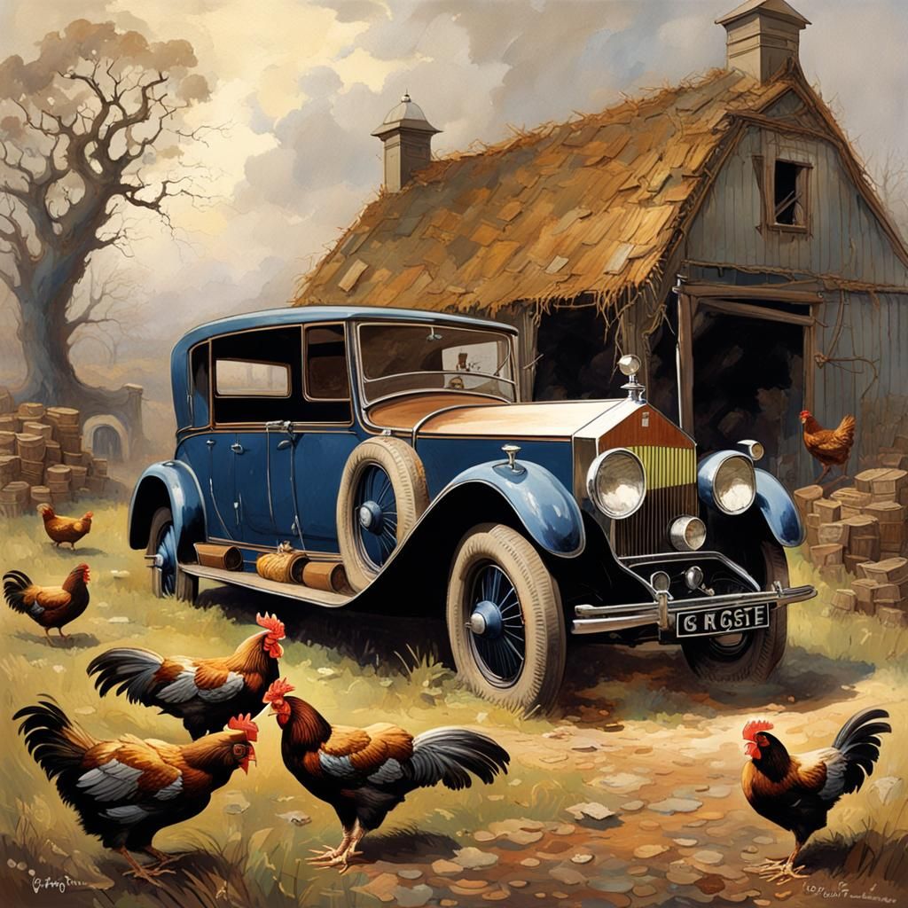 Rusting Rolls Royce in Farmyard, Gothic Horror Style
