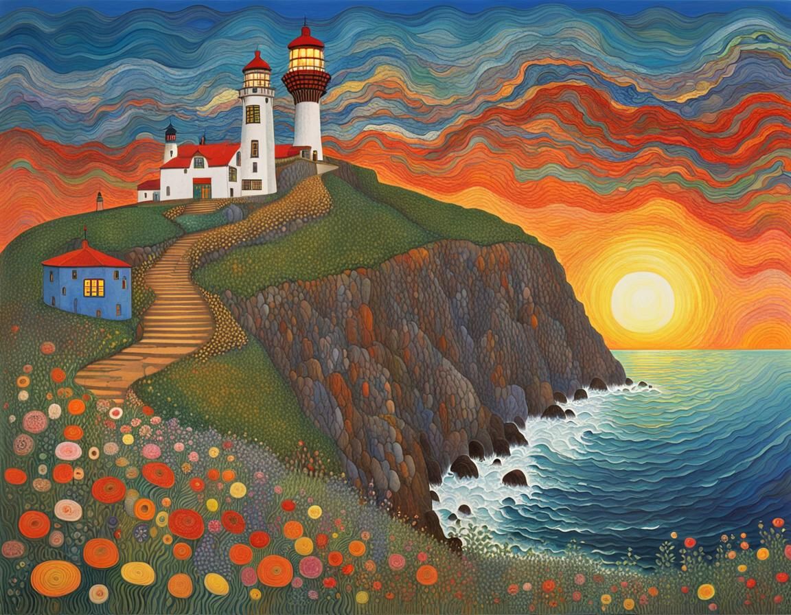 Lighthouse on Cliff at Sunset in Hundertwasser Style