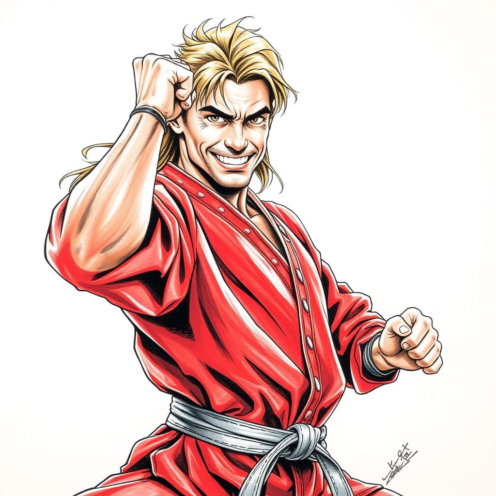Karate Fighter With Blonde Hair Posing Victoriously