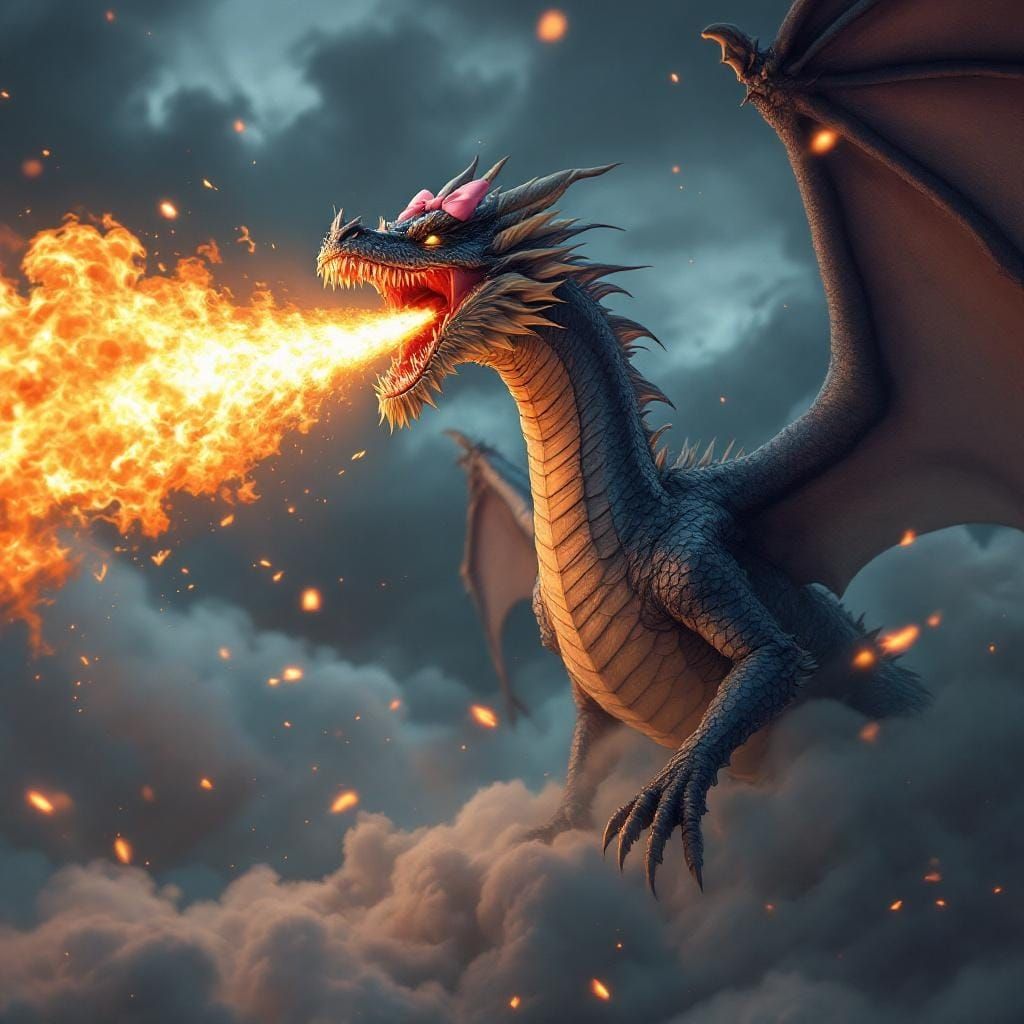 Dragon Roaring Fire with Cute Pink Bow